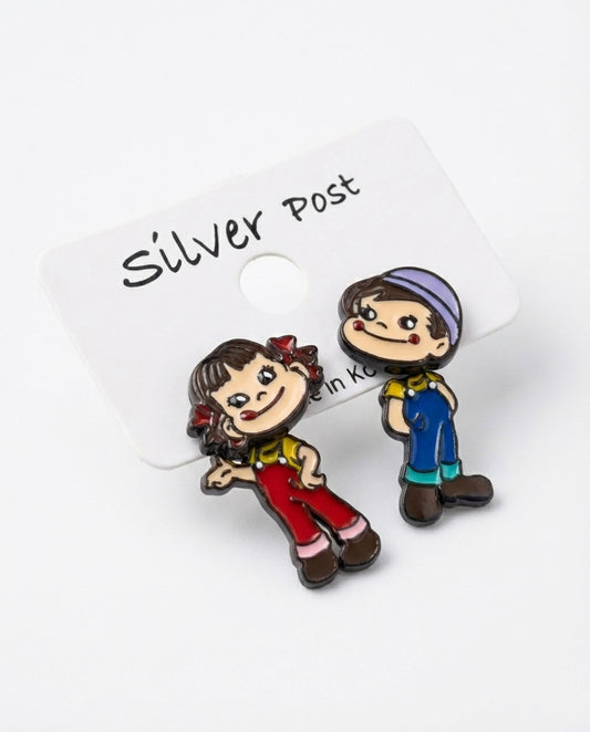 Kawaii Peko and Poko character earrings on white card with silver post label
