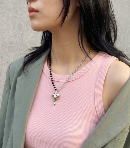 Melting Heart Pendant Necklace Black Bead Chain | K-Style Y2K