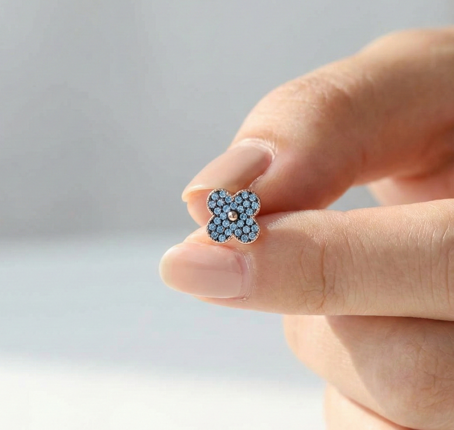 Dainty Aqua Blue Pave Clover Stud Earrings 925 Sterling Silver Rose Gold