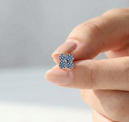 Dainty Aqua Blue Pave Clover Stud Earrings 925 Sterling Silver Rose Gold
