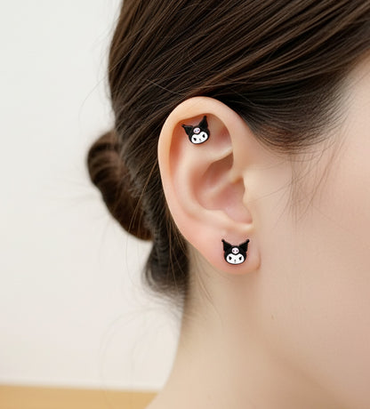 Kuromi cartilage piercing and lobe stud featuring Classic and Lace designs, surgical steel hypoallergenic studs for sensitive ears