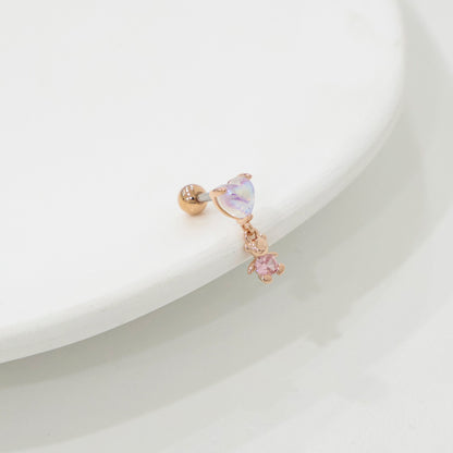 Iridescent Heart Bear Dangle Barbell – Kawaii Cartilage Piercing | Single