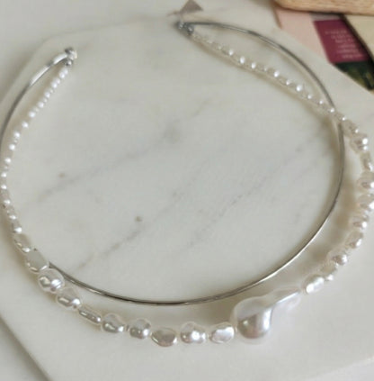 Double Strand Freshwater Pearl & Brass Wire Choker Necklace - Gold/Silver