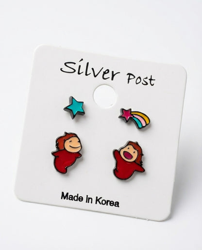 Close-up of Ponyo earring set on white card showing hand-painted enamel details