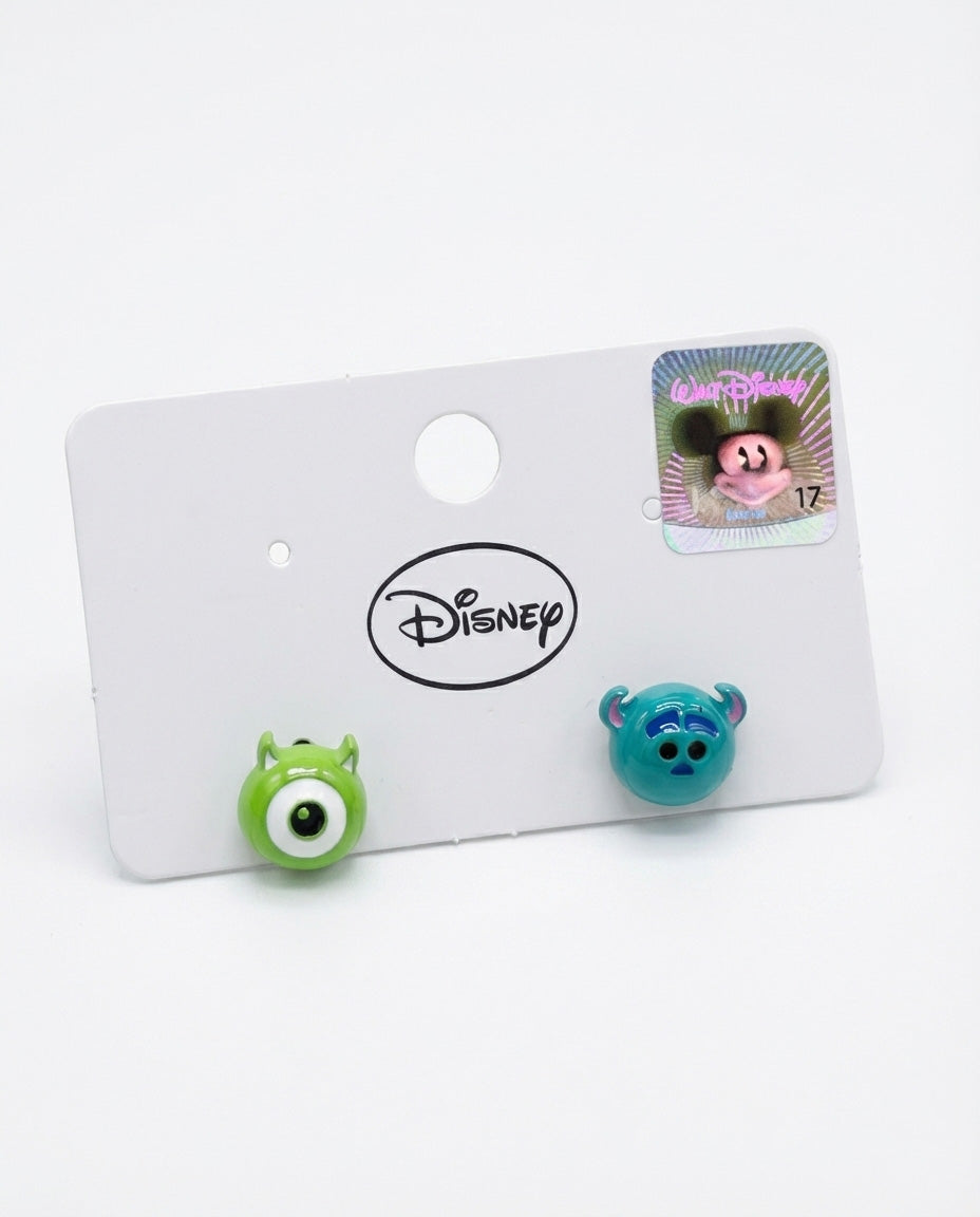 Monsters Inc earring set - Mike Wazowski and Sulley Tsum Tsum studs on Disney hologram card