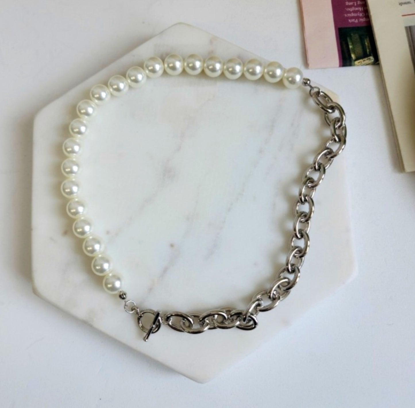 Half Pearl Half Chain Toggle Choker - Mixed Media Statement Necklace