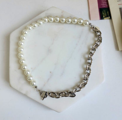 Half Pearl Half Chain Toggle Choker - Mixed Media Statement Necklace
