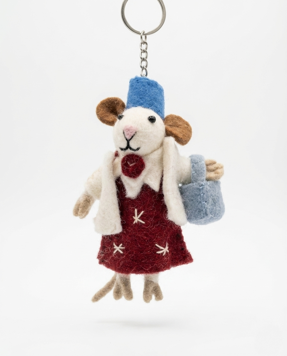 Lady mouse keychain in red dress with blue hat and shopping basket - handmade bag charm
