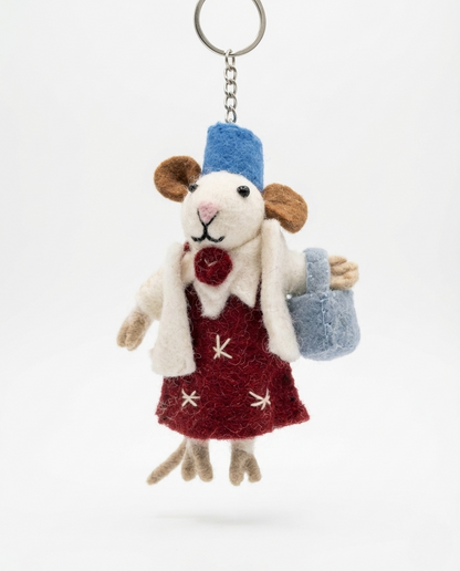 Lady mouse keychain in red dress with blue hat and shopping basket - handmade bag charm