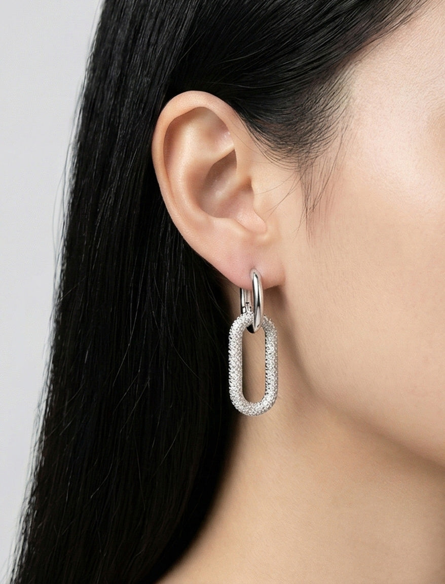 Huggie Hoop Pavé Oval Chain Link Drop Earrings – Gold & Silver