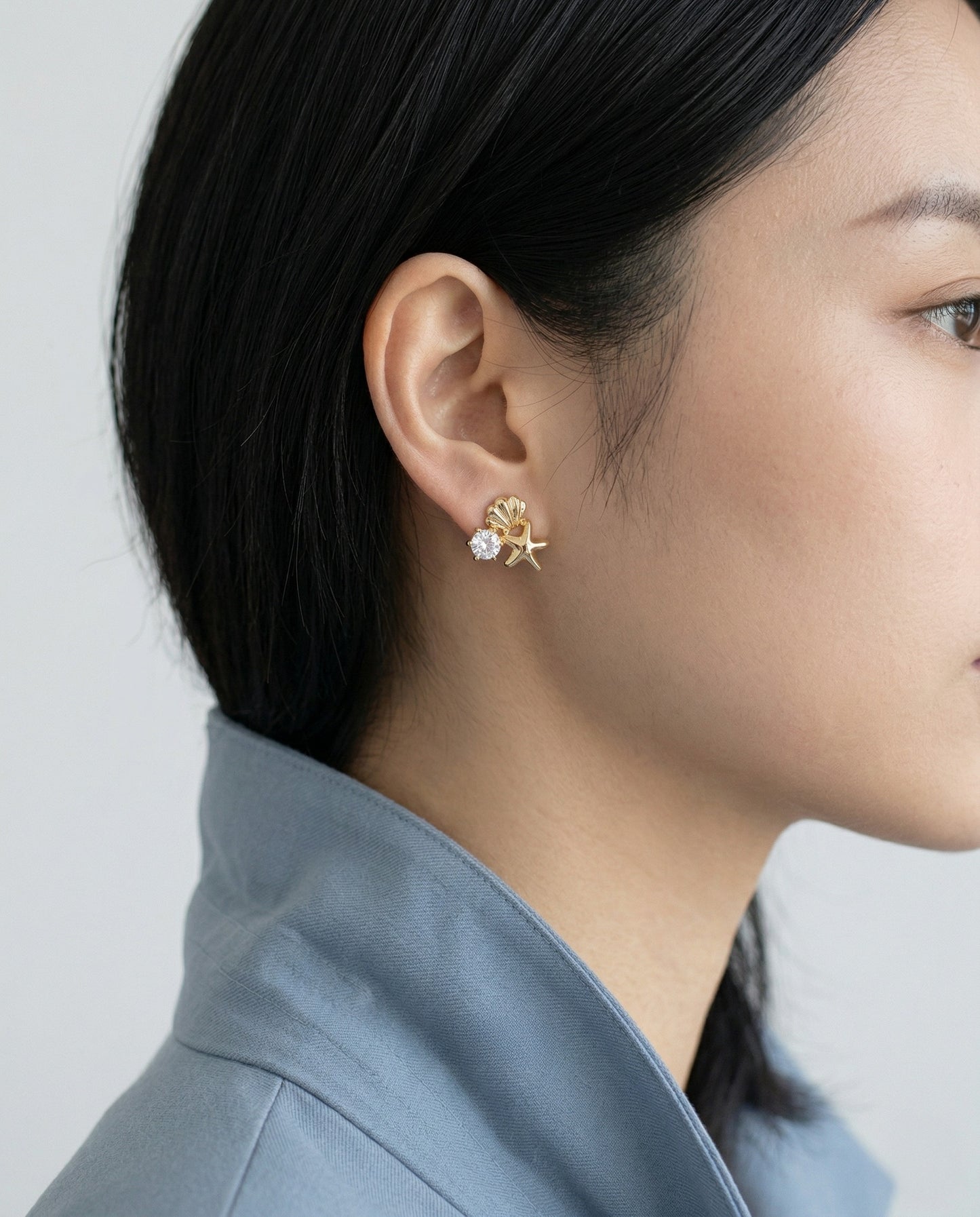 Mermaidcore Shell & Starfish Cubic Zirconia Stud Earrings | Hypoallergenic Titanium Post | Gold & Silver