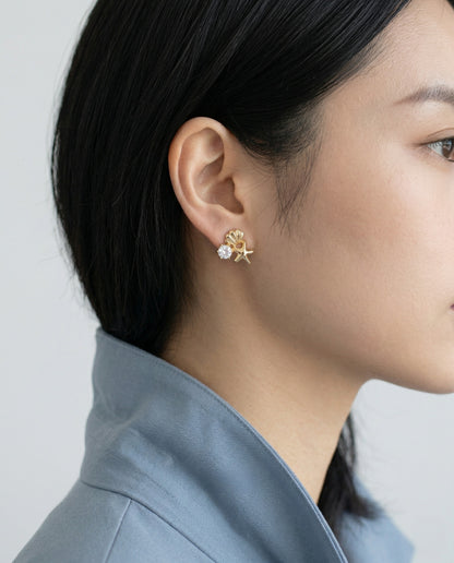 Mermaidcore Shell & Starfish Cubic Zirconia Stud Earrings | Hypoallergenic Titanium Post | Gold & Silver