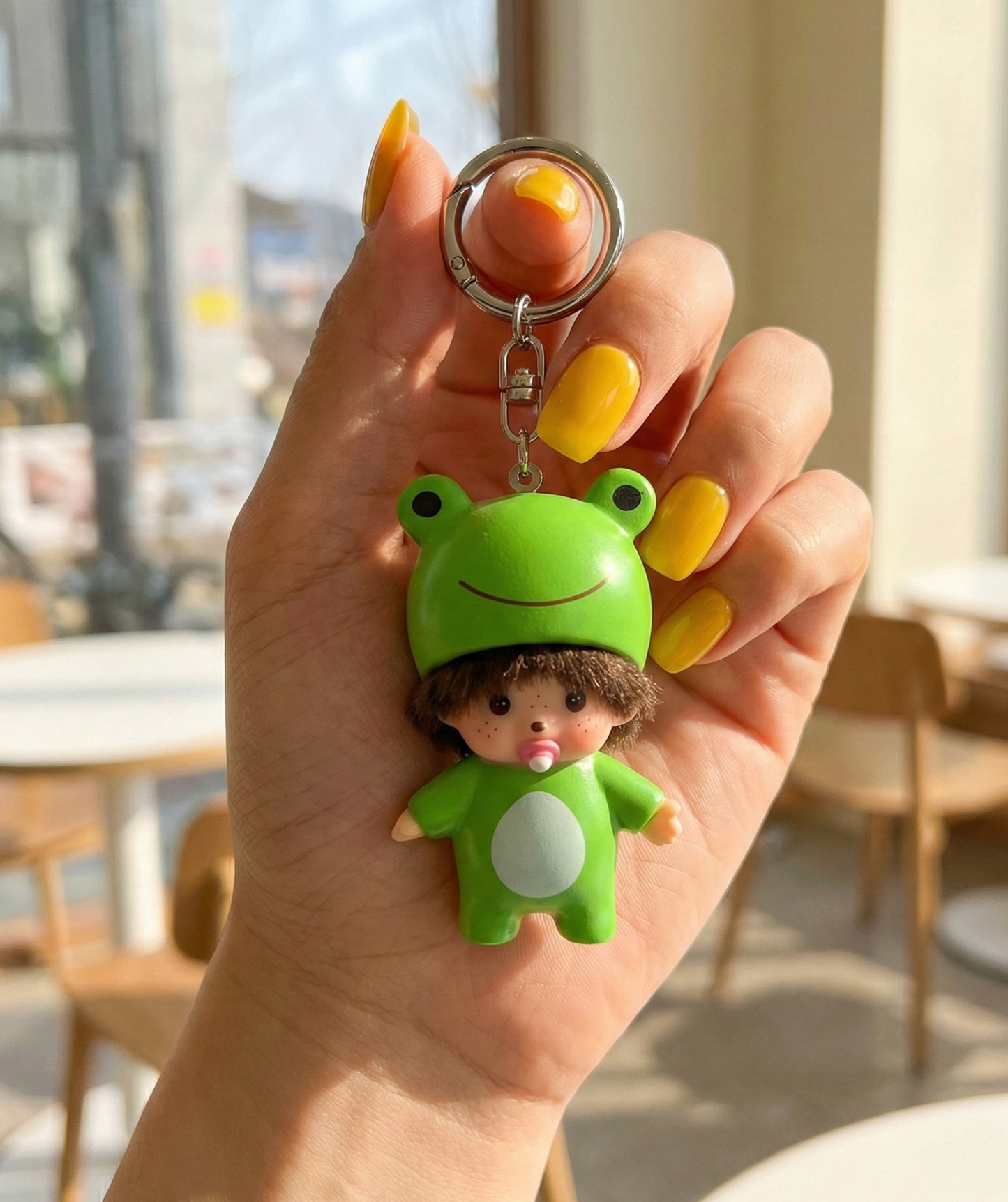 Hand holding cute green frog baby doll keychain in sunlit cafe showing size and detail