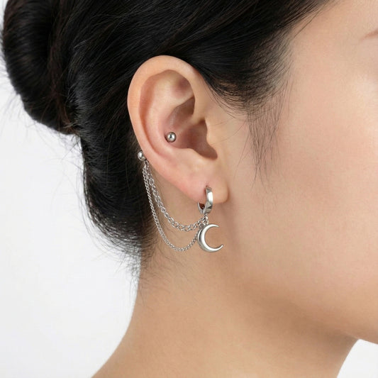 Moon Charm Chain Ear Cuff Set — Stud to Helix Connector | 316L Steel