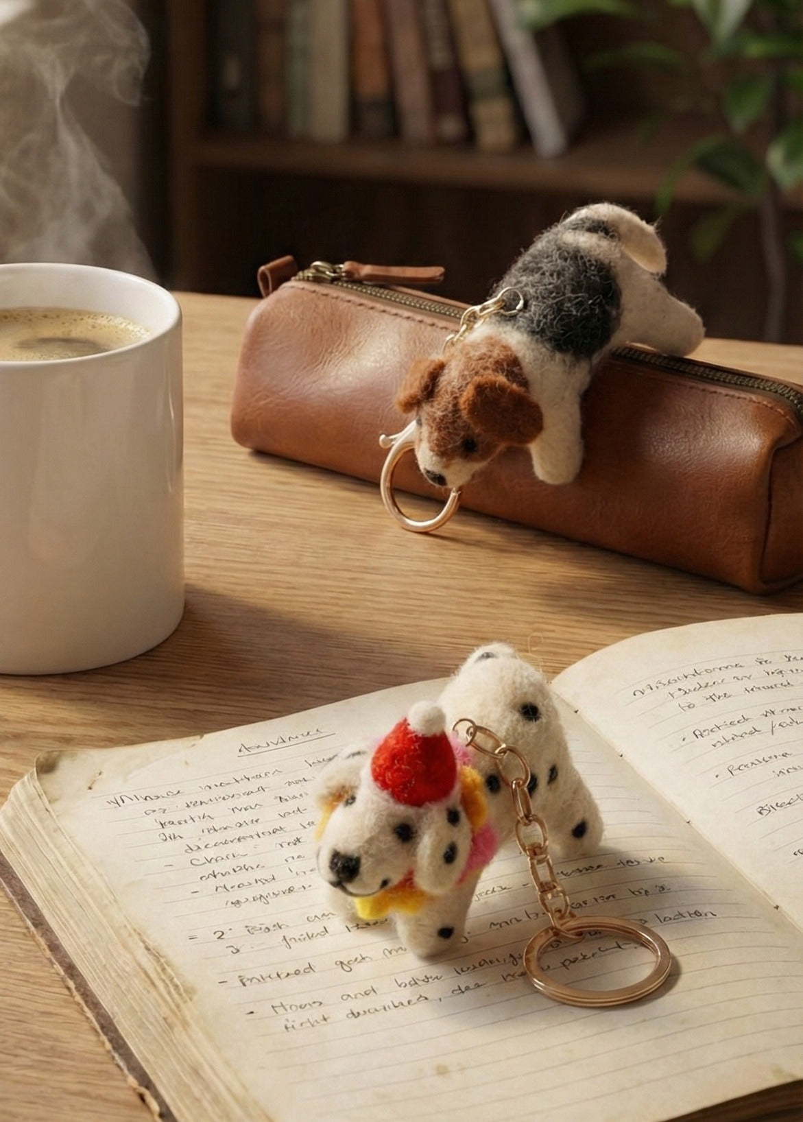 Handmade felt dog keychain displayed on wooden desk with coffee cup and leather pouch - lifestyle flatlay