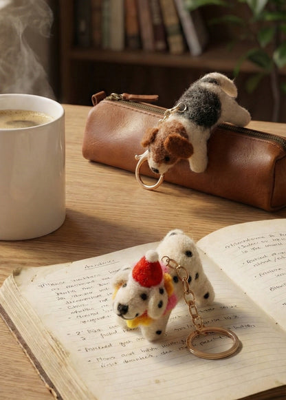 Handmade felt dog keychain displayed on wooden desk with coffee cup and leather pouch - lifestyle flatlay