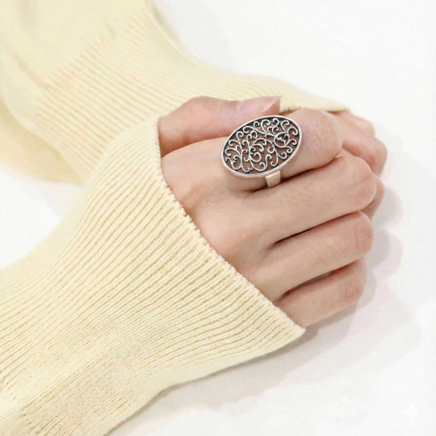 Vintage Filigree Oval Ring - 925 Sterling Silver Statement Ring