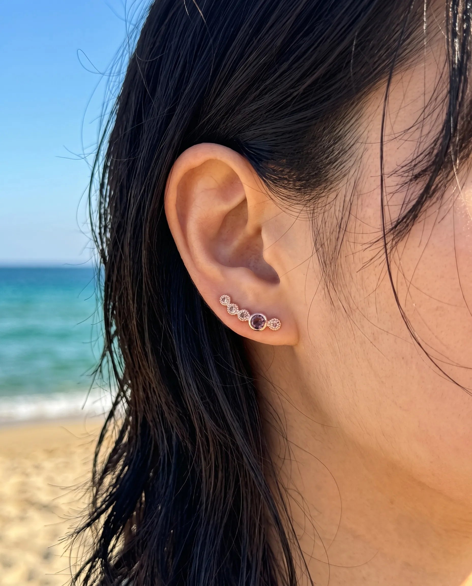 Clean girl aesthetic bezel ear climber, champagne lavender gemstone, rose gold 925 silver daily wear