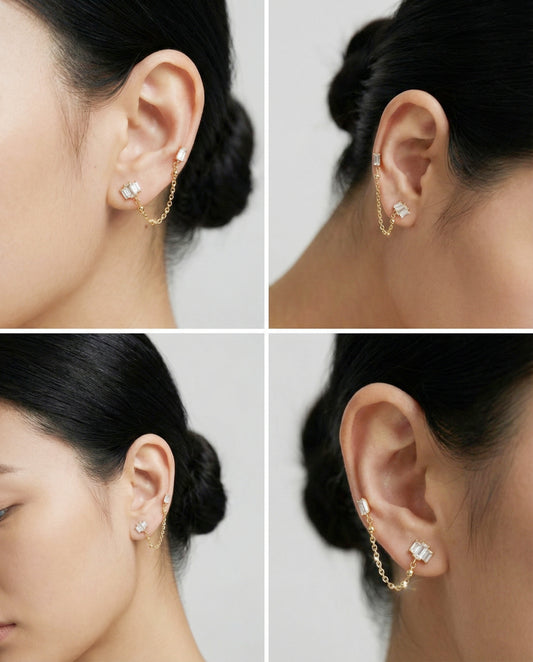 Four angled shots showing both silver and gold Baguette CZ Chain Double Stud Earrings styled on model ears, emphasizing the dangling chain design.