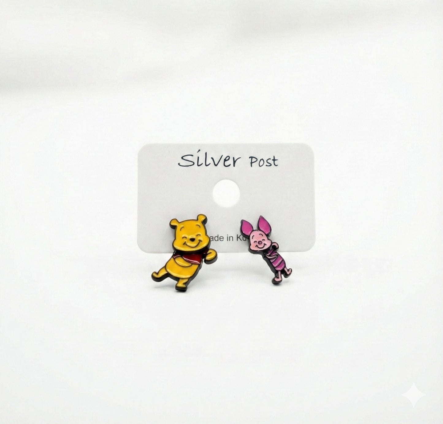 Pooh & Piglet Inspired 2-Way Drop Stud Earrings Handmade in Korea, 925 Silver Post