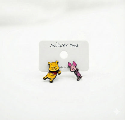 Pooh & Piglet Inspired 2-Way Drop Stud Earrings Handmade in Korea, 925 Silver Post
