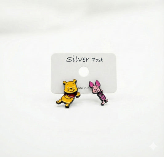 Pooh & Piglet Inspired 2-Way Drop Stud Earrings Handmade in Korea, 925 Silver Post