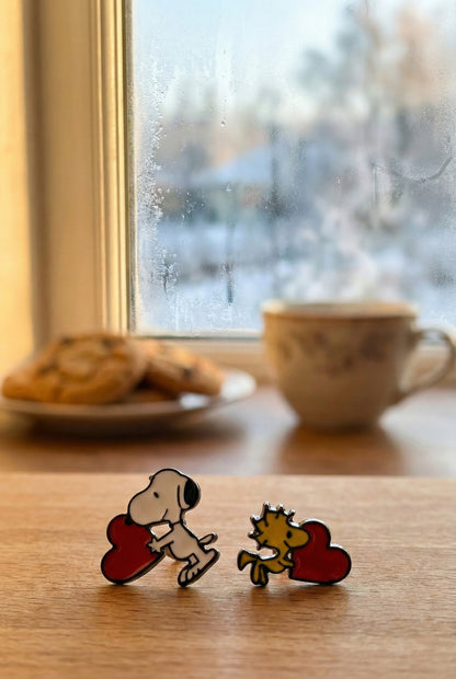 Snoopy & Woodstock Heart Asymmetric Earrings - Made in Korea