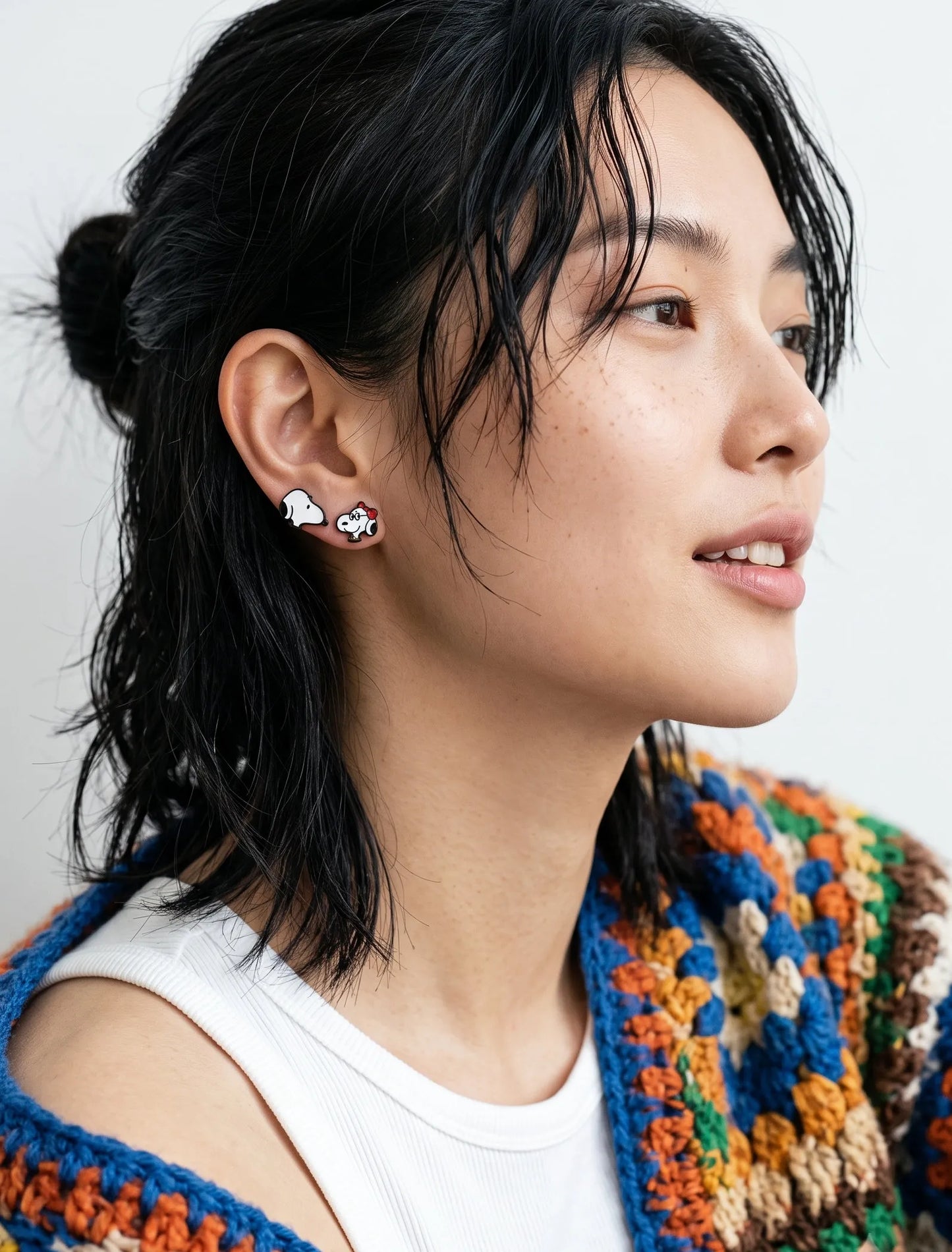 Downtown girl aesthetic double stud earrings, mismatch character earrings look