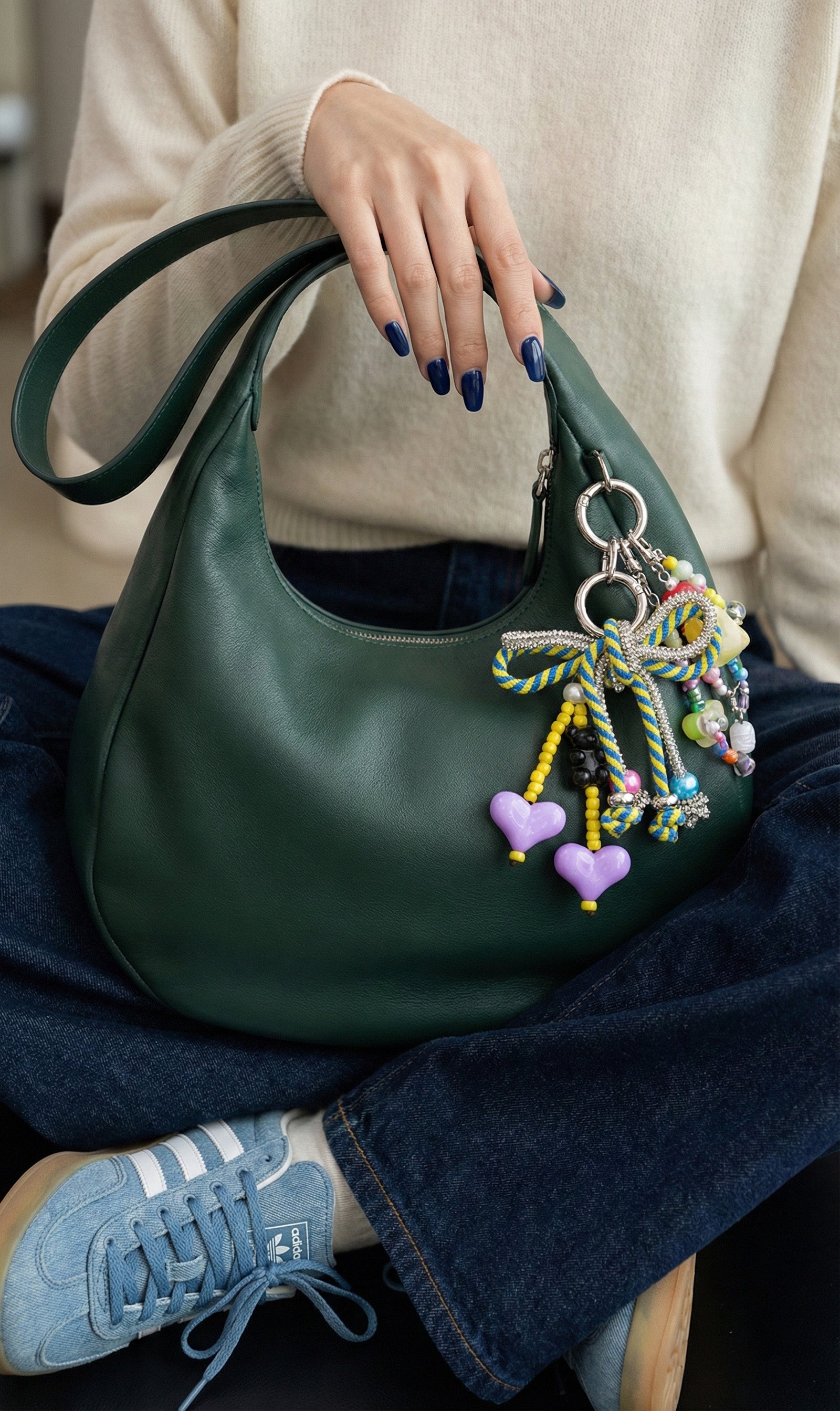 Close-up of pink and mint pastel rope bow bag charm on green hobo bag with purple heart charms
