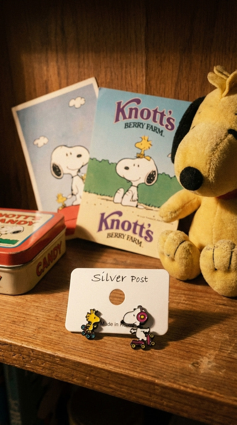 Snoopy roller skate earring set with Peanuts Knott's Berry Farm merchandise and plush toy
