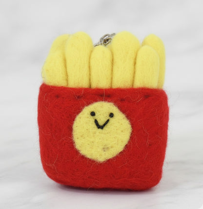 Happy smiling fries wool felt keychain with bright yellow fries and red box, cute kawaii face