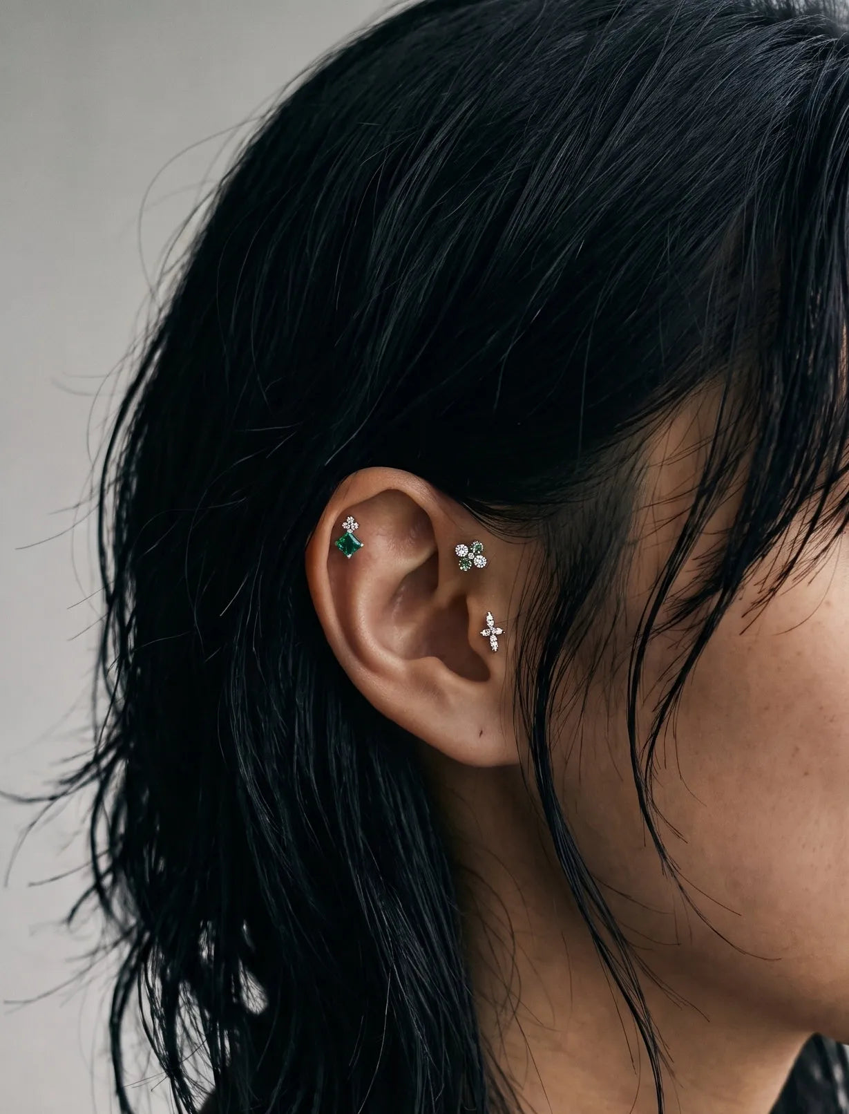Emerald Clover Barbell Stud | Brass + Surgical Steel | K-Style Ear Stack (Single)