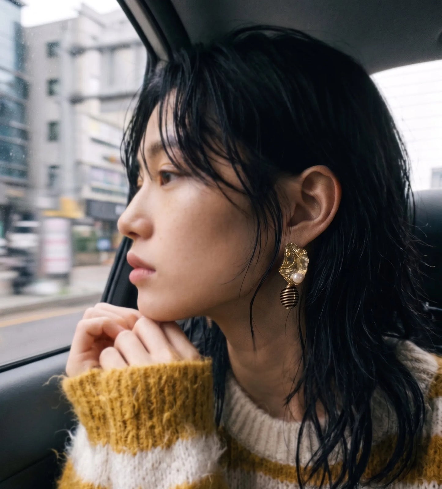 Gold Hammered Pearl Drop Earrings | K-Style Statement | Titanium Post