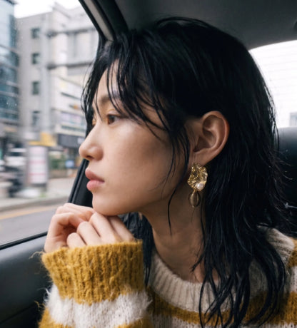 Gold Hammered Pearl Drop Earrings | K-Style Statement | Titanium Post