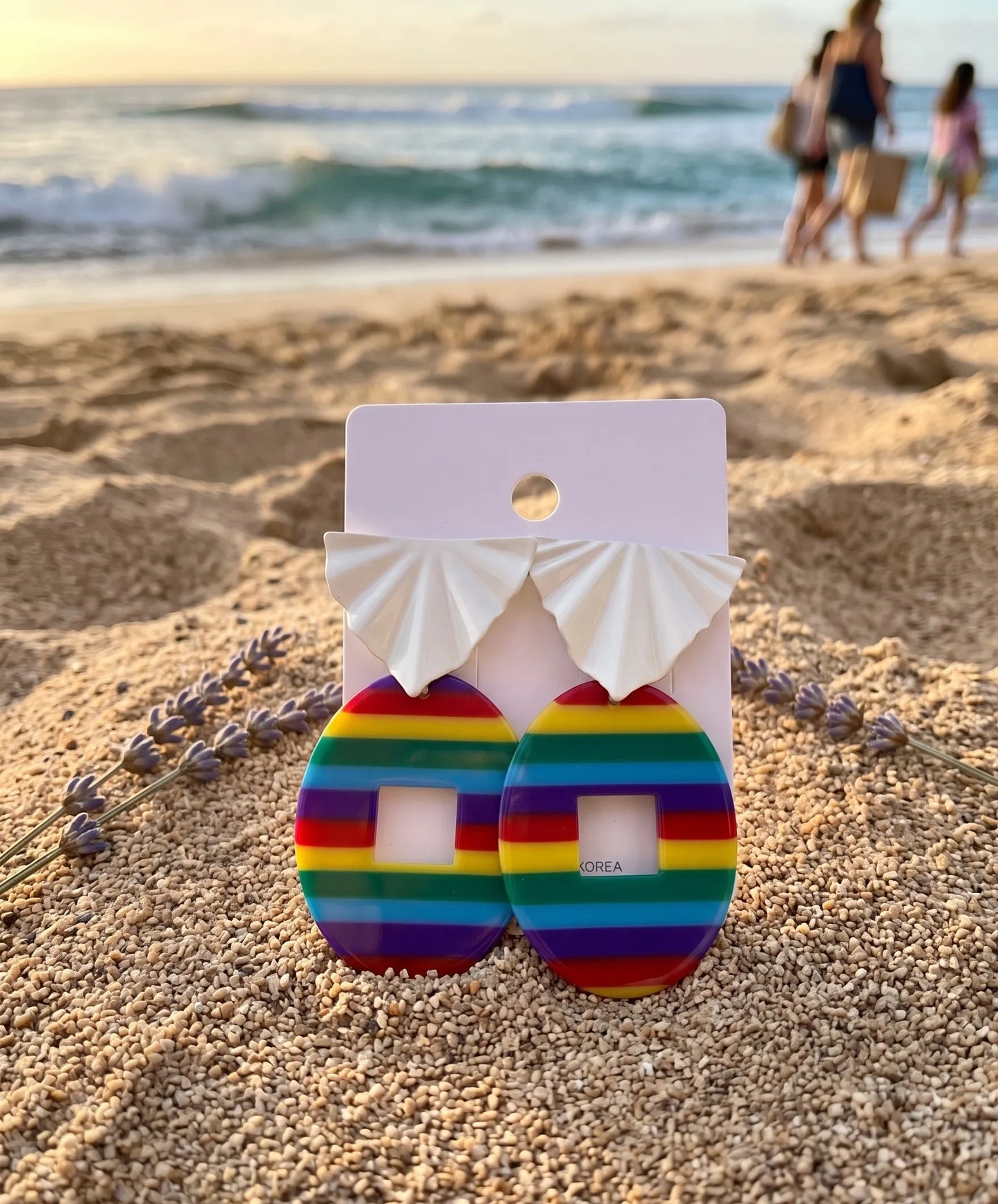 Resort aesthetic rainbow stripe acrylic drop earrings, bold vacation jewelry made in Korea