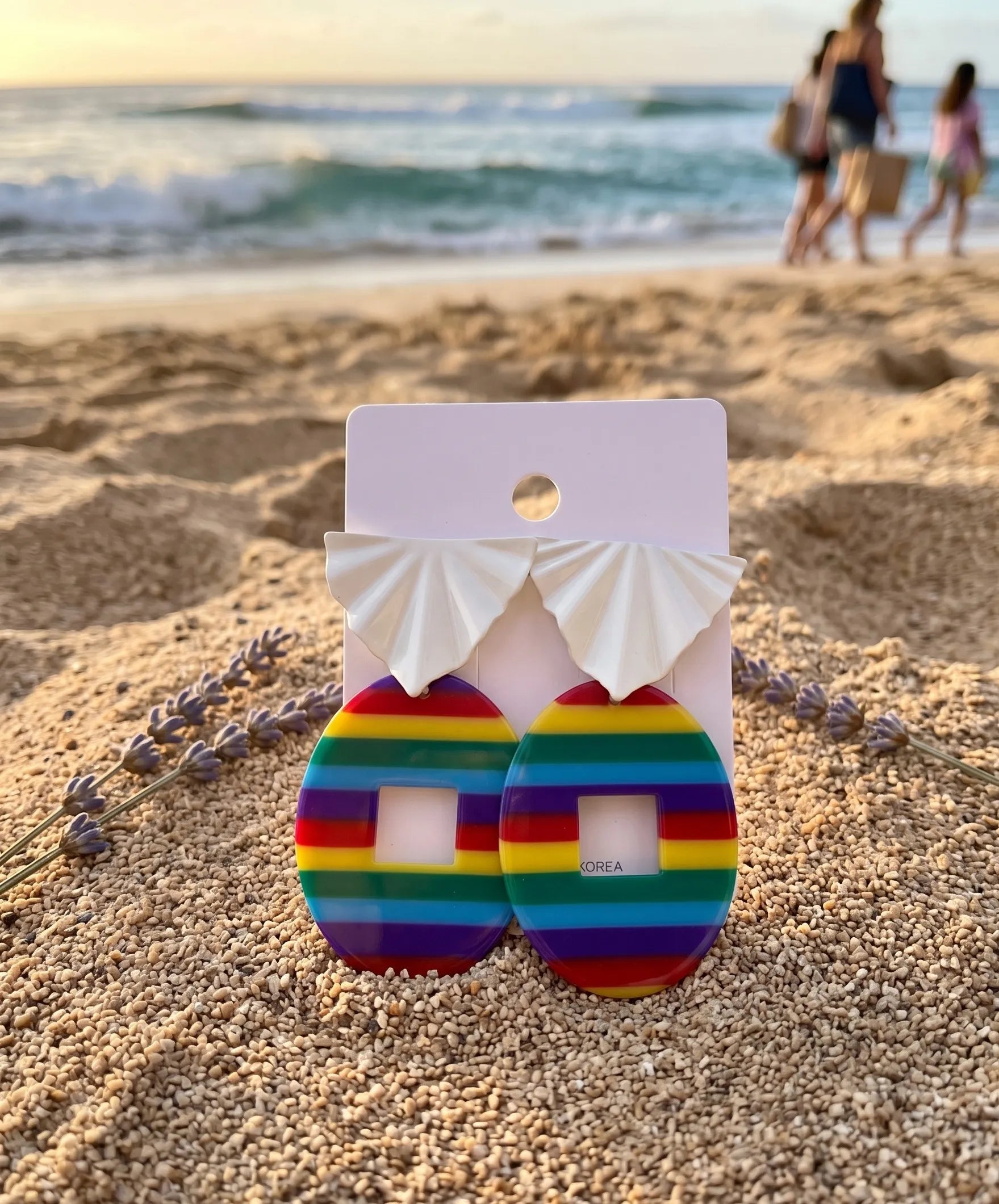 Resort aesthetic rainbow stripe acrylic drop earrings, bold vacation jewelry made in Korea