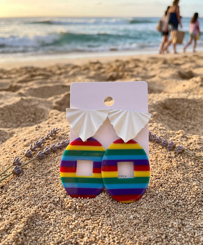 Resort aesthetic rainbow stripe acrylic drop earrings, bold vacation jewelry made in Korea