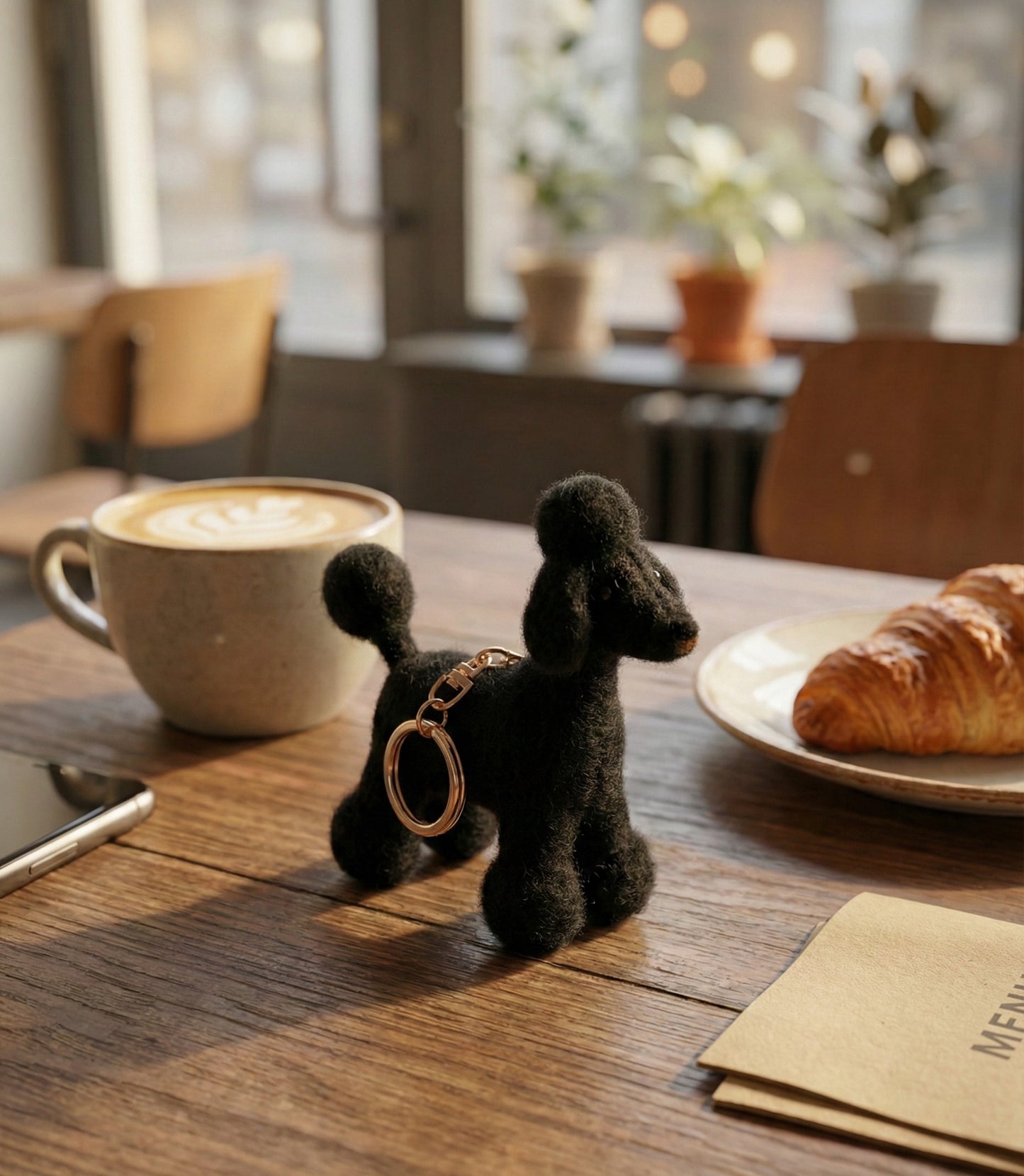 Black needle felted poodle keychain on cafe table with latte coffee and croissant