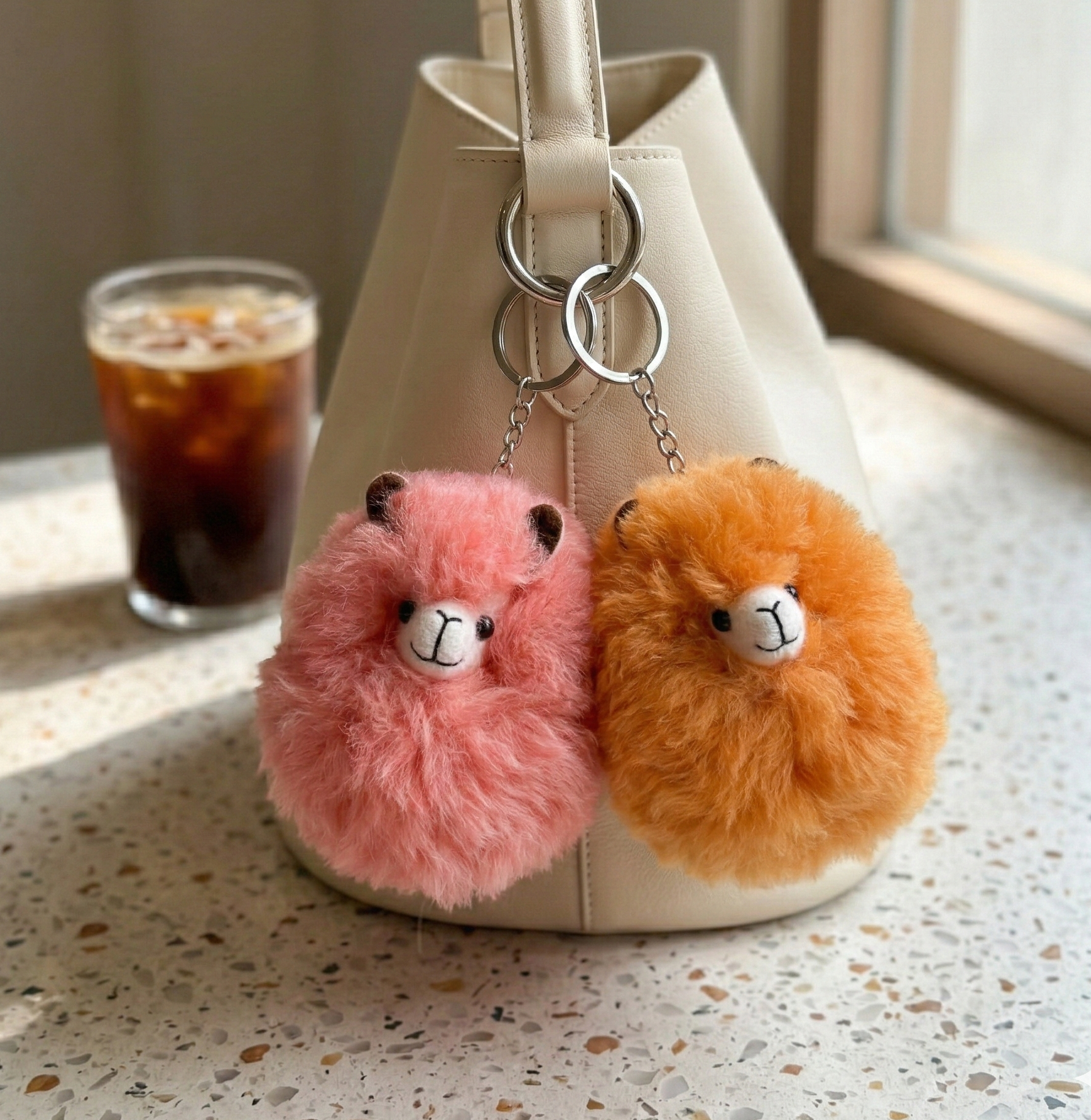 Add a pop of color to your favorite handbag with our real alpaca fur keychains! Featuring strawberry pink and tangerine orange fluffy charms for a chic, everyday look