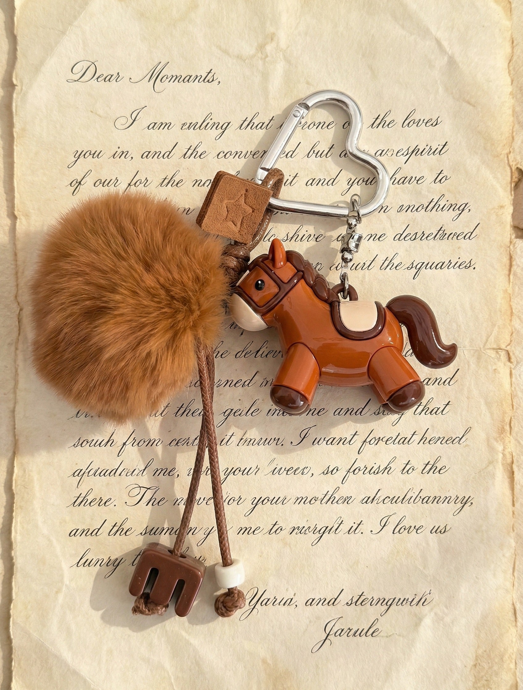  Deep brown horse bag charm with faux fur pompom on antique handwritten letter