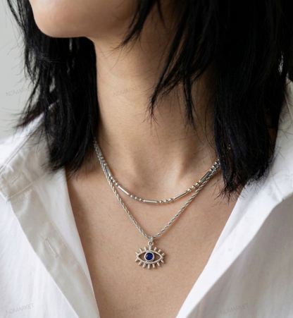 Evil Eye Layered Necklace – Double Chain Sunburst Pendant in Gold & Silver | 8TTITTO8
