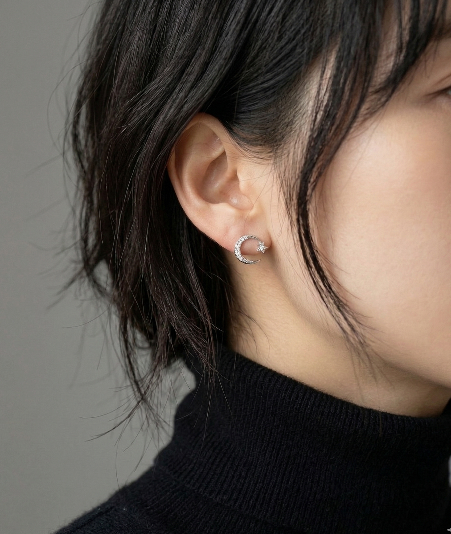 Celestial Crescent Moon & Star Pavé Stud Earrings | Silver, Gold & Rose Gold