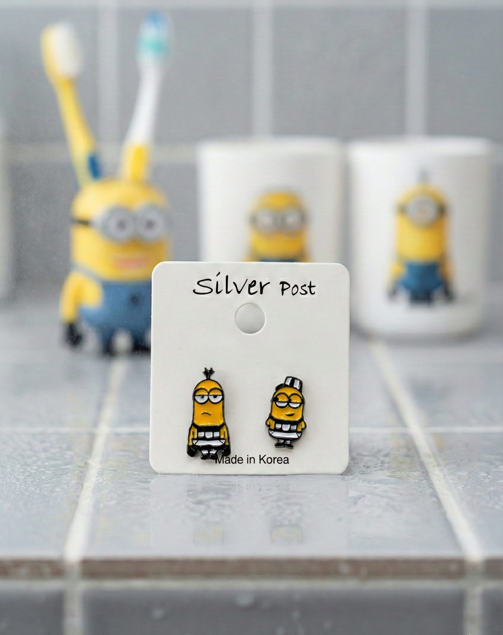 Minions prisoner stripe earrings black and white design on white card, hypoallergenic silver post studs made in Korea