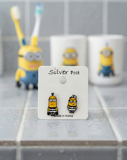 Minions prisoner stripe earrings black and white design on white card, hypoallergenic silver post studs made in Korea