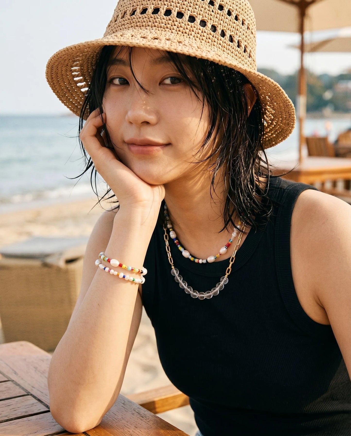 reshwater pearl Miyuki seed bead necklace product shot — colorful Y2K aesthetic summer choker surgical steel clasp
