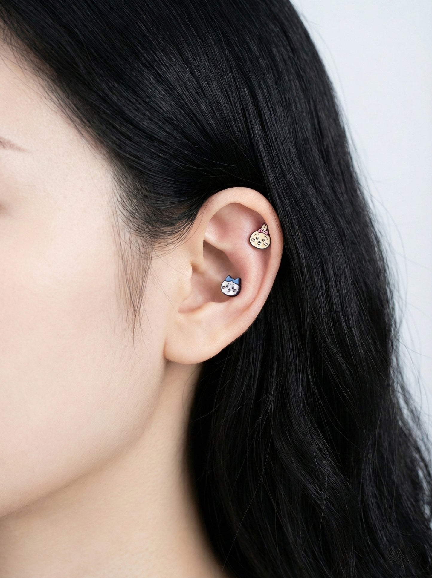 Chiikawa Enamel Brass Barbell Studs - Hachiware Usagi Cute Anime Character Earrings for Helix, Cartilage & Lobe Piercings