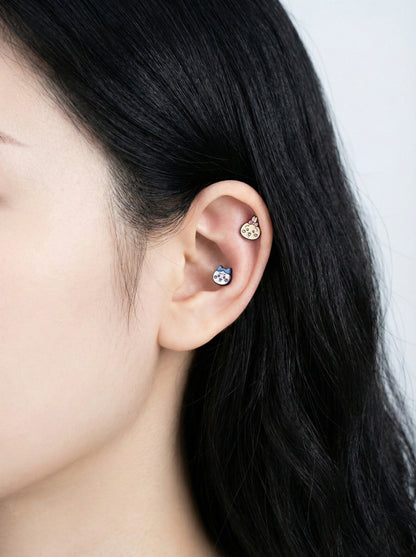 Chiikawa Enamel Brass Barbell Studs - Hachiware Usagi Cute Anime Character Earrings for Helix, Cartilage & Lobe Piercings