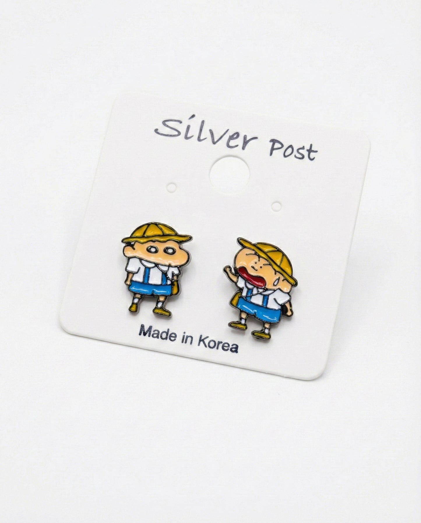 Close-up of Shin-chan and Max kindergarten uniform enamel earrings with 925 silver post label