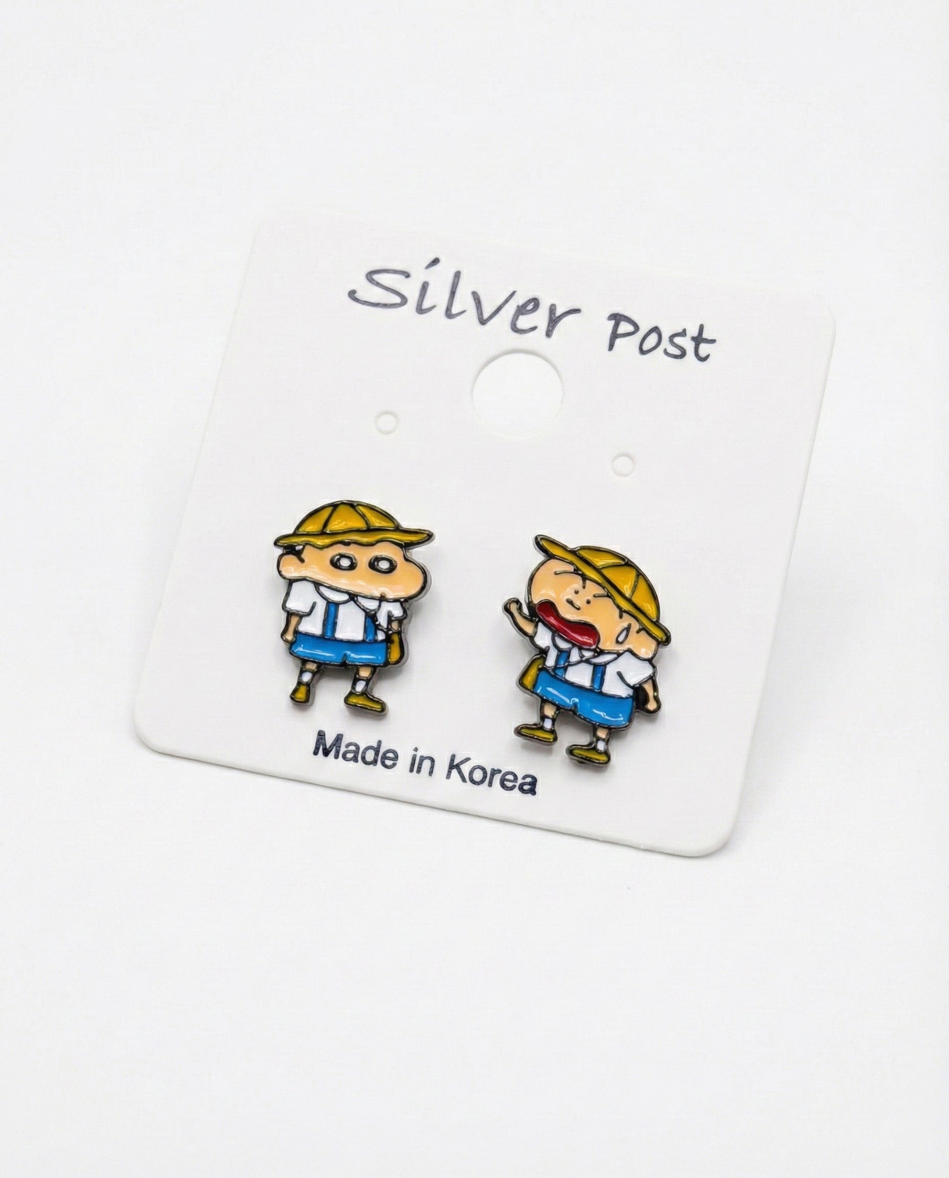 Close-up of Shin-chan and Max kindergarten uniform enamel earrings with 925 silver post label