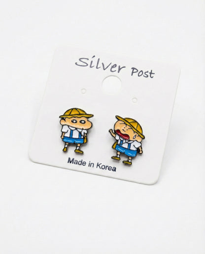 Close-up of Shin-chan and Max kindergarten uniform enamel earrings with 925 silver post label
